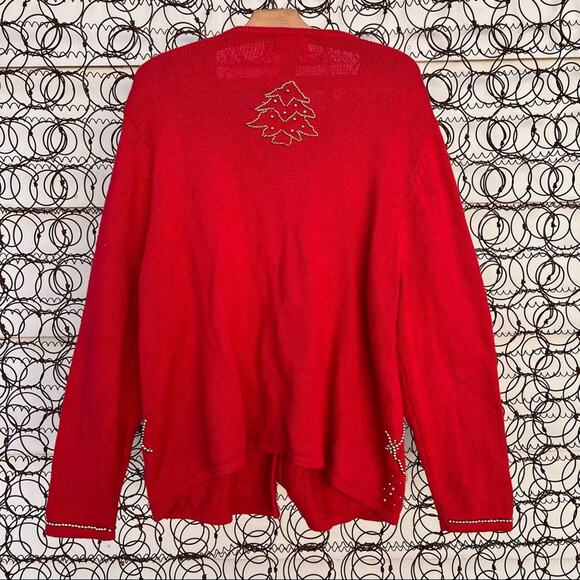 Vintage 90s Studio Joy red button down Ugly Christmas cardigan beaded trees - Picture 4 of 6